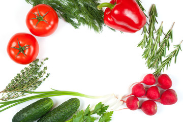 Fresh colorful organic vegetables captured from above (top view, flat lay). White background. Layout with free (copy) space. Healthy food conception. Ingredients for salad