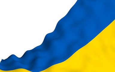 The flag of Ukraine on a white background. National flag and state ensign. Blue and yellow bicolour. 3D illustration waving flag