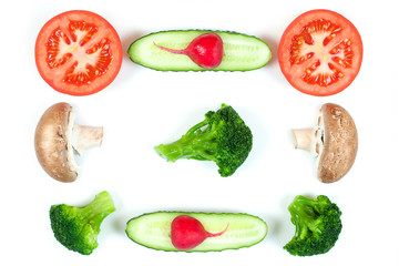 Ingredients for homemade pizza on white background. Top view. Ingredients for salad: radish, slices mushrooms, slices tomatoes, cucumbers, broccoli and salad . Healthy food conception