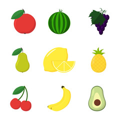 set of nine fruits in flat style