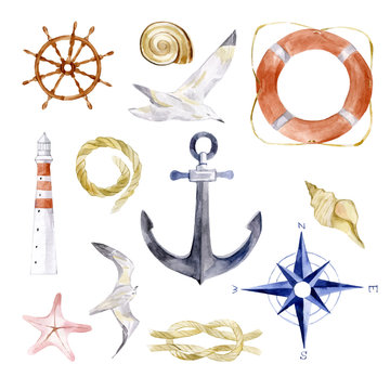 Navy watercolor vector summer nautical mood with sea rope, anchor, shell, seagull, lighthouse, lifebuoy, marine knot, steering wheel. Illustration elements for fashion, fabric, print, icon, object