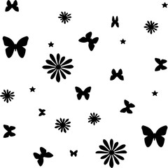 Seamless pattern, butterflies and flowers, silhouette on white background,