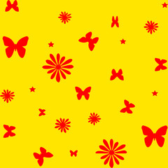 Seamless pattern, red butterflies and flowers, silhouette on yellow background,