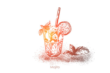 Mojito, light rum with mint leaves, summer refreshment with lemon slice and ice cubes, tropical beverage