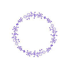 Floral Violet Round Frame. Wedding wreath with flower, leaf. Botanical vector illustration isolated on white background for poster, t shirt print, postcard, video blog cover, social media card.