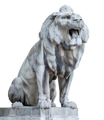 Hungary. Budapest. A large stone lion, growls open its mouth