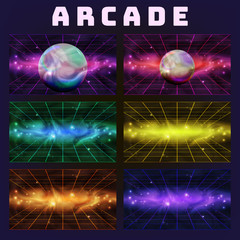 Galaxy Collection On Arcade Background Set Vector. Multicolored Assemblage Mockup Space With Sphere Isolated On Style Computer Arcade Game Neon Laser Grid Decoration Realistic 3d Illustration