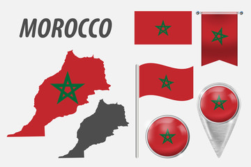 MOROCCO. Collection of symbols in colors national flag on various objects isolated on white background. Flag, pointer, button, waving and hanging flag, detailed outline map and country inside flag.