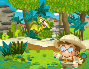 cartoon scene with professor in the jungle with pterosaur illustration for children