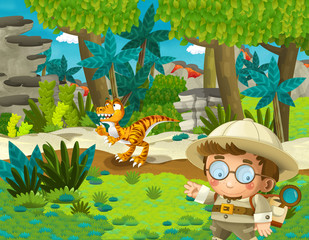 cartoon scene with professor in the jungle with raptor illustration for children