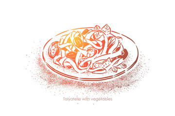 Tagliatelle with vegetables, traditional cuisine, tasty noodles with veggies seasoned with olive oil and salt