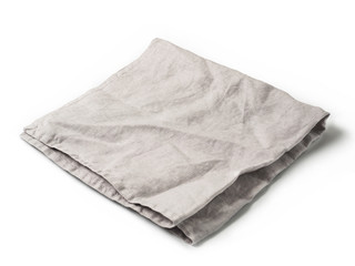 Side view on folded gray linen napkin isolated on white background. light gray linen napkin. Isolated on white with clipping path.