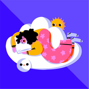 Girl in pyjamas sleeping on a cloud