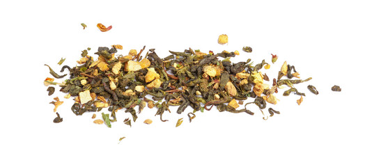 Green tea with dry flowers on white background. Close up