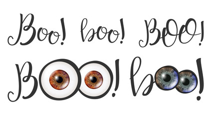 Modern Calligraphy Of Word Boo And Eyes Vector. Stylish Typography Inscription With Different Handwritten Calligraphy And Realistic Eyes Elegance Decoration. Text Flat Illustration