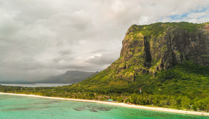 Le Morne Brabant in Mauritius. Amazing aerial view of beach, forest and mountain
