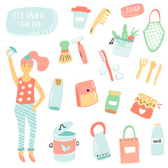 Set of items for zero waste living. Plastic free