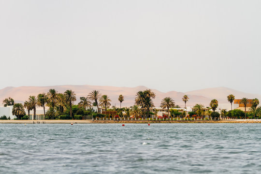 Resorts with palm trees on the shores of Paracas, Peru