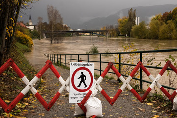 Floodwater at rather high levels hits Villach town after widespread heavy rainfalls in 2018