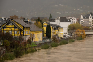 Floodwater at rather high levels hits Villach town after widespread heavy rainfalls in 2018