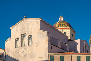 Majolica tiled cupola of Jesuit church of San Michele, Alghero (L'Alguer), Sardinia, Italy.  Famous...