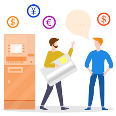 ATM, man with bank card, male assistant. Finance