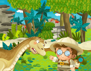 cartoon scene with professor in the jungle meeting dinosaur on the way - illustration for children