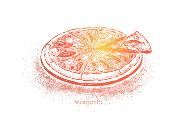 Pizza margarita, delicious meal with tomatoes, mozzarella cheese, salt and olive oil, delicious snack