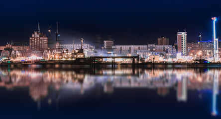 Rostock night panoramic. Warnow canal with ships and Baltic Sea in Rostock Germany in Hanse Sail Festive - obrazy, fototapety, plakaty