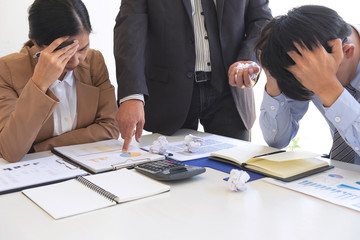 Blaming business concept, Senior executive manager blaming employee for mistake or failure, business team have disagreement in office arguing on work issues