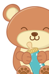 toy bear holding a feeding bottle close up