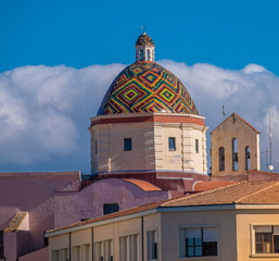 Majolica tiled cupola of Jesuit church of San Michele, Alghero (L'Alguer), Sardinia, Italy.  Famous...