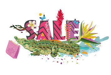 Series of Summer Sale banner with tropical leaves and animals. Hand drawn illustration.