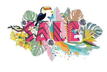 Series of Summer Sale banner with tropical leaves and animals. Hand drawn illustration.