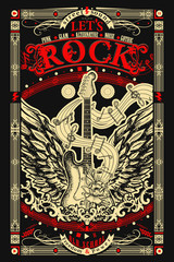 Obraz premium Muzyka rockowa. Gitara elektryczna ze skrzydłami. Heavy metal, slogan Let's Rock. Muzyczna sztuka starej szkoły, projekt koszulki