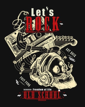 Rock music print. Audio cassette, guitar and skull hipster. Let's Rock slogan. Musical vector art, t-shirt design