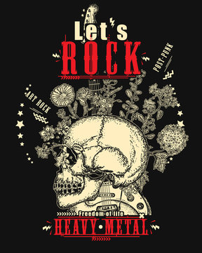 Skull and guitar. Let's Rock slogan. Musical vector art, t-shirt design