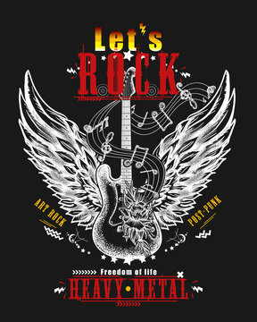 Guitar and wings. Let's Rock slogan. Musical vector art, t-shirt design