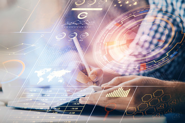Writing man's hands background with technology icons.