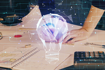 Innovative your business. Idea concept icon on writing man's hand background. Multi exposure.