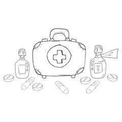 Suitcase icon. Vector illustration of a suitcase with pills and mextures. Hand drawn medical equipment with a suitcase.