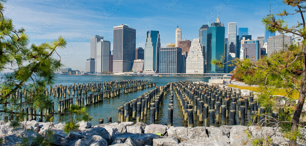 Sticker Lower Manhattan skyline in autumn. View from Brooklyn Bridge Park, New York City