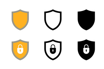 Shield with lock icon set. Yellow and black symbol flat vector illustration