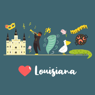 Louisiana poster with symbols and elements