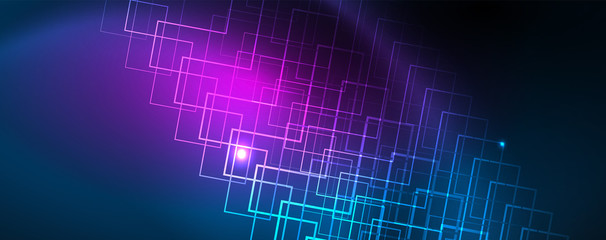 Neon glowing techno lines, hi-tech futuristic abstract background template, vector