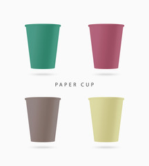 Set of colored paper cups. Realistic vector mockup. Design element for drink, coffee, tea, lemonade, juice, ice cream, soup.