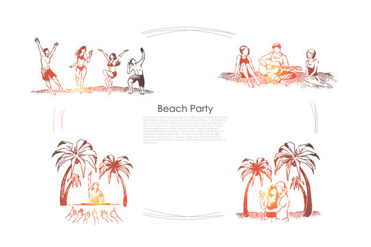Men and women, dancing, playing guitar, dj performance, couple on romantic vacation, beach party banner