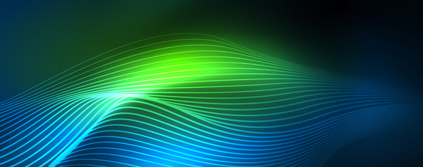 Smooth wave lines on blue neon color light background. Glowing abstract wave on dark, shiny motion, magic space light