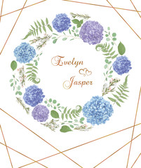 Wreath with flowers and leaves background golden lines. leaves, branches eucalyptus, gaultheria, salal, chamaelaucium, fern.Blue of flowers hydrangea.Invitations, vertical round cards. Design
