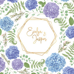 Wreath with flowers and leaves isolated with gold frame. leaves, branches eucalyptus, gaultheria, salal, chamaelaucium, fern.Blue, purple, of flowers hydrangea.Invitations cards. Design elements.